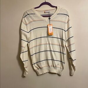 Ellesse Cotton/Cashmere Cream V-Neck Sweater with Black and Orange Stripes